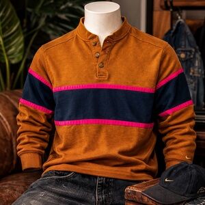 Nike Dri-FIT Rugby Henley Shirt Mustard Navy Stripe Large